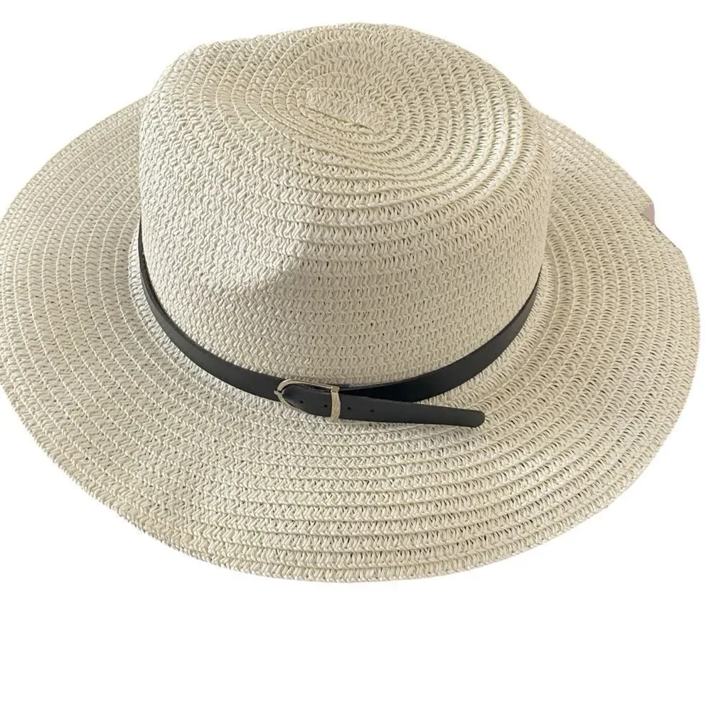 Cream Colored Silver Buckle Black Band Hat NWT